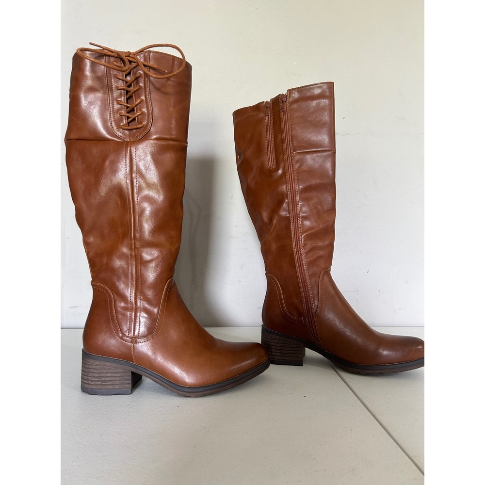 Gossip 3 Women's Cognac Knee High Boots Lace Up Back Side Zip Size 8